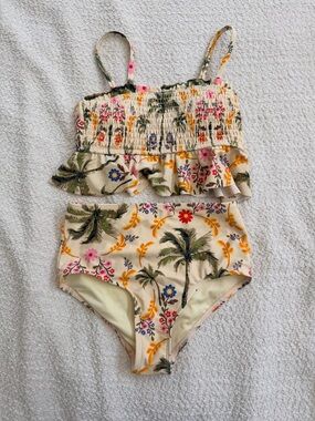 Cupshe Cream Tropical Palm Floral Ruffle Two-Piece Bikini